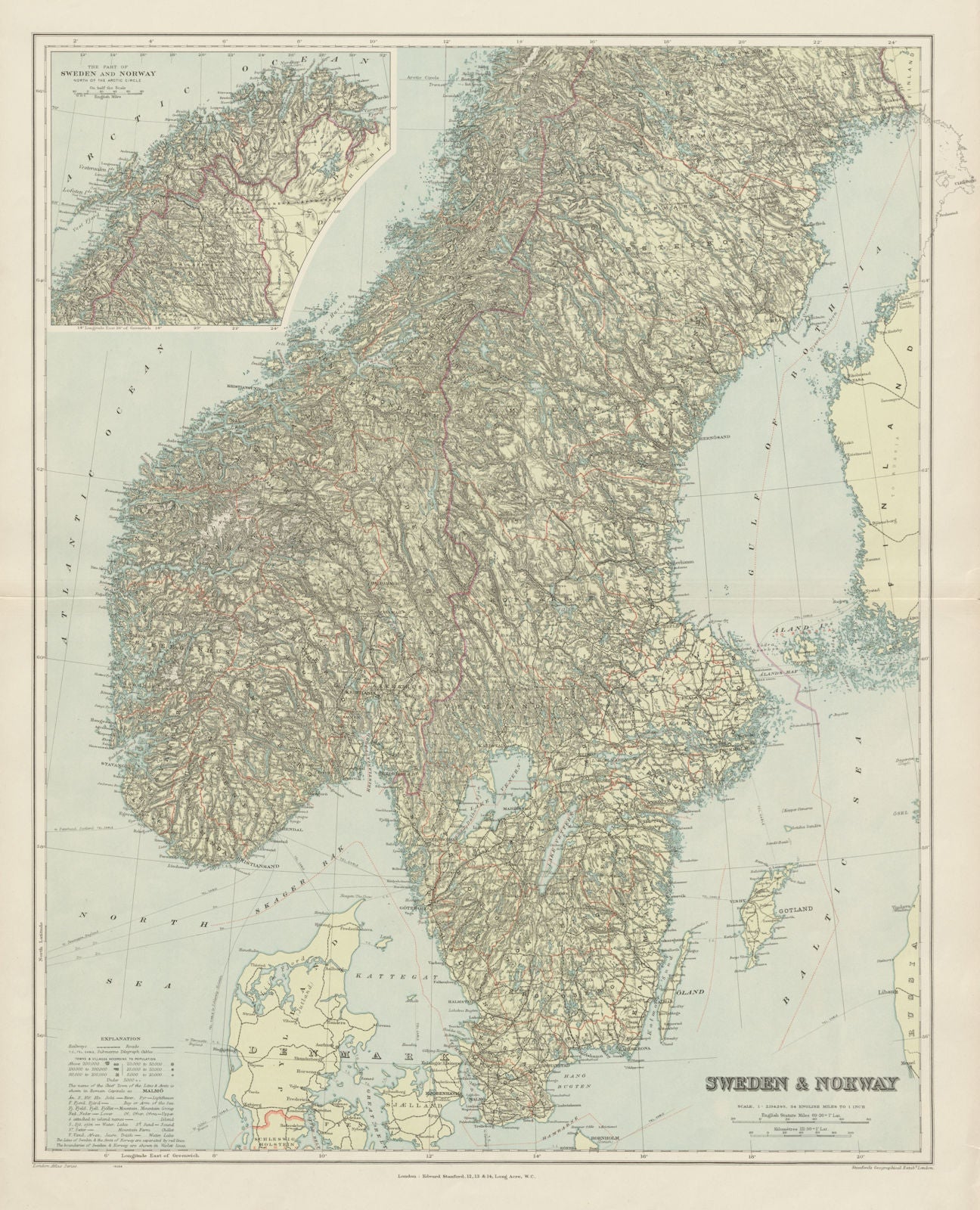 Scandinavia physical mountains fjords glaciers. Sweden Norway. STANFORD 1904 map